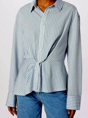 Topshop Blue Striped Peplum Faux Front Knot Button Down Blouse Womens 8
